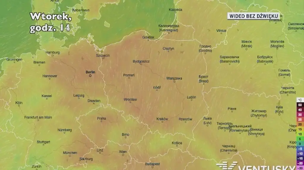 Prognozowana temperatura w kolejnych dniach (Ventusky.com)