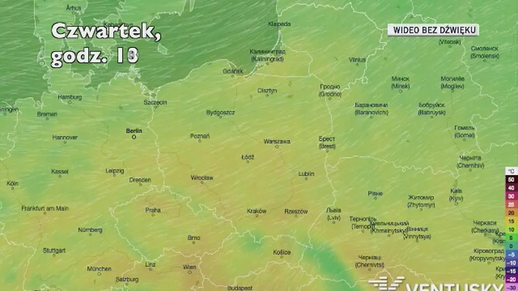 Prognozowana temperatura w kolejnych dniach (Ventusky.com)