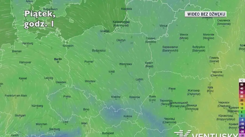 Prognozowana temperatura w kolejnych dniach (Ventusky.com)