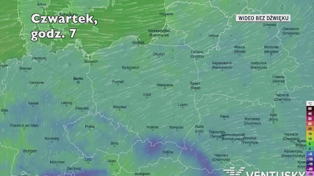Prognozowana temperatura w kolejnych dniach (Ventusky.com)