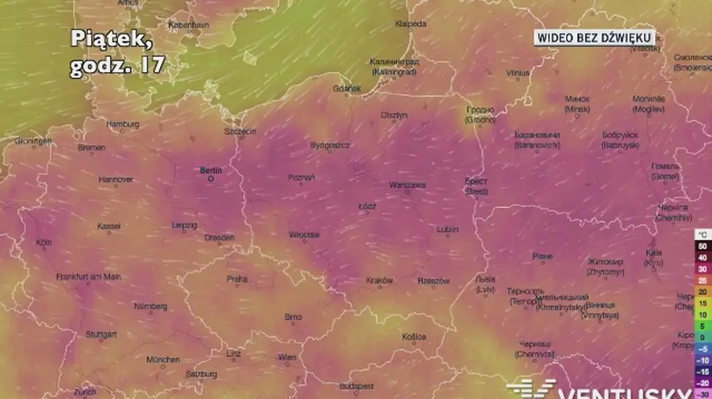 Prognozowana temperatura w kolejnych dniach (Ventusky