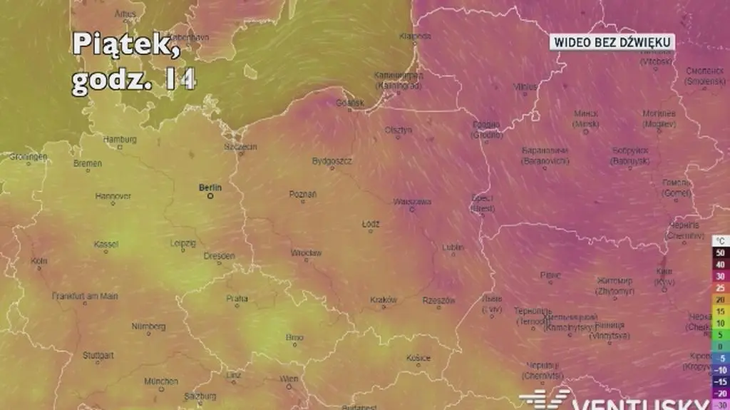 Prognozowana temperatura w kolejnych dniach (Ventusky