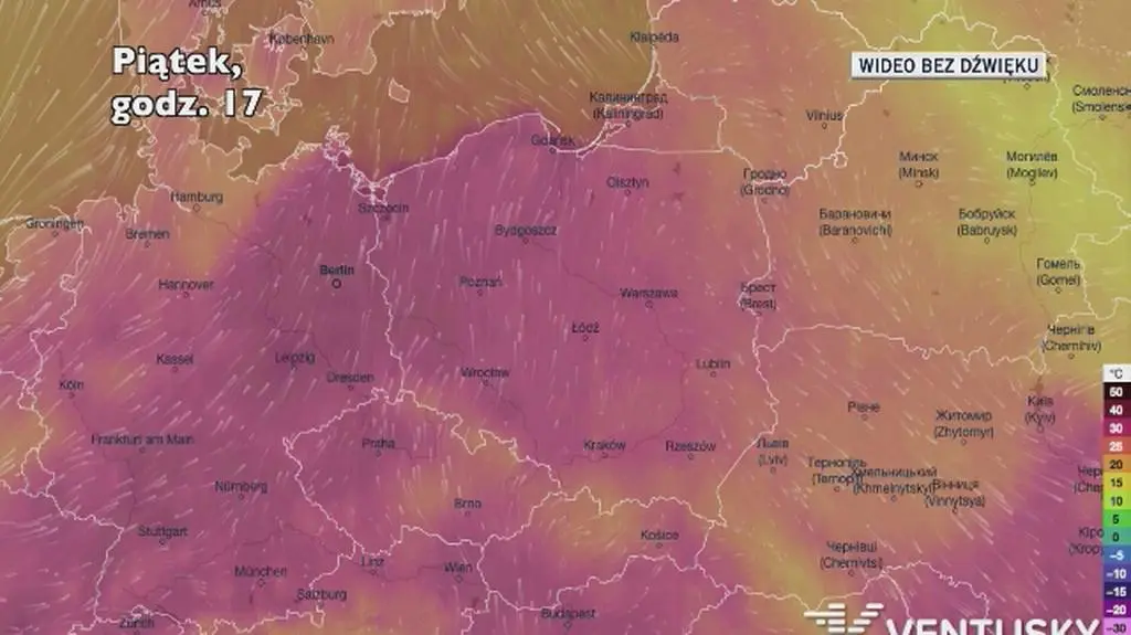 Prognozowana temperatura w kolejnych dniach (Ventusky