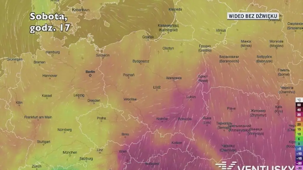Prognozowana temperatura w kolejnych dniach (Ventusky.com)