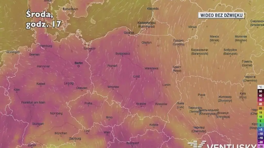 Prognozowana temperatura w kolejnych dniach (Ventusky.com)
