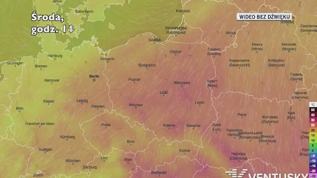 Prognozowana temperatura w kolejnych dniach (Ventusky