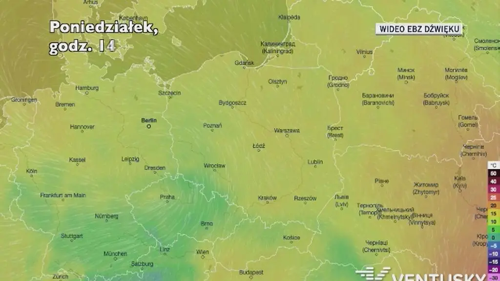 Prognozowana temperatura w kolejnych dniach (Ventusky.com)