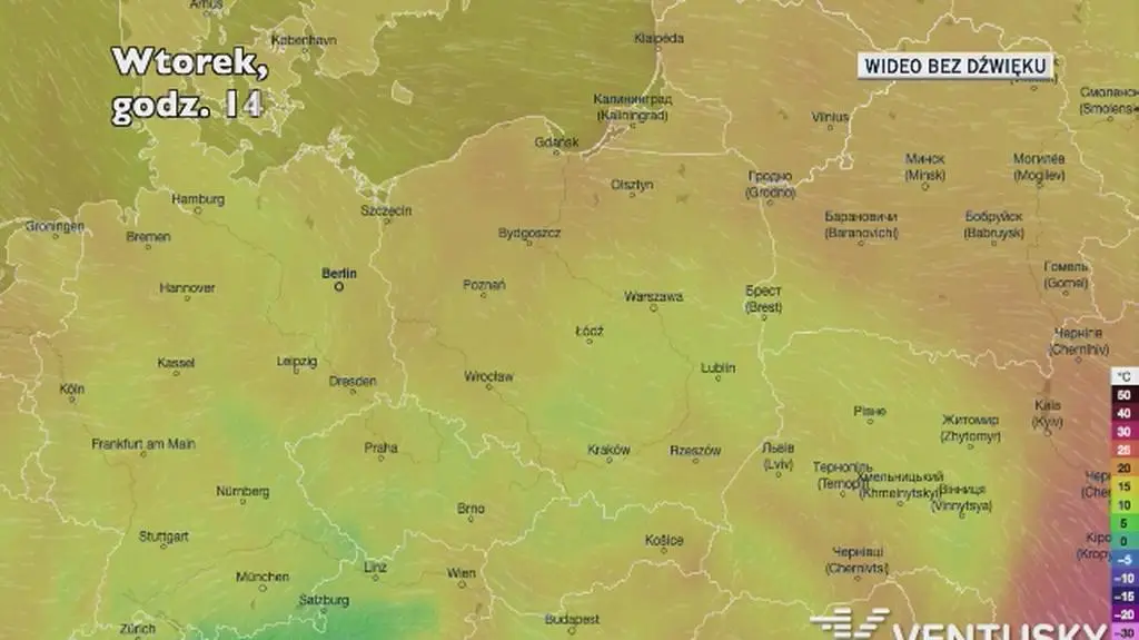 Prognozowana temperatura w kolejnych dniach (Ventusky.com)