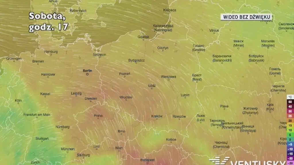 Prognozowana temperatura w kolejnych dniach (Ventusky.com)