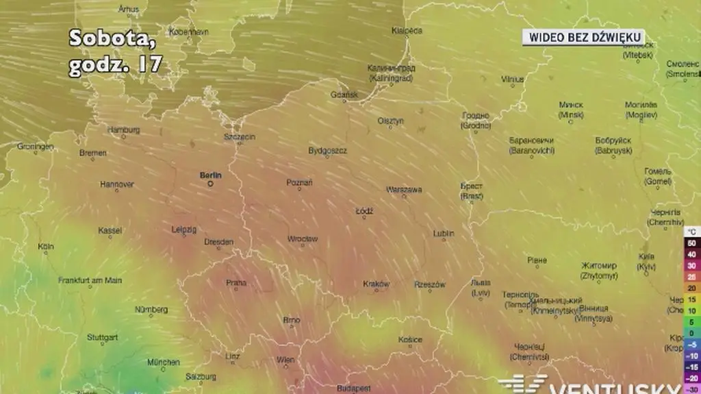 Prognozowana temperatura w kolejnych dniach (Ventusky.com)