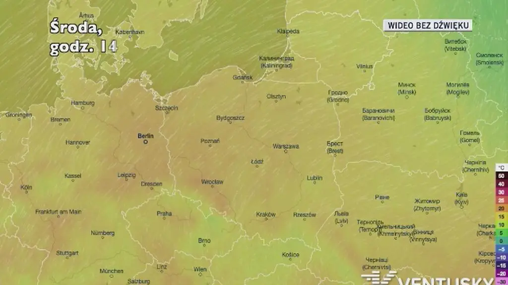 Prognozowana temperatura w kolejnych dniach (Ventusky