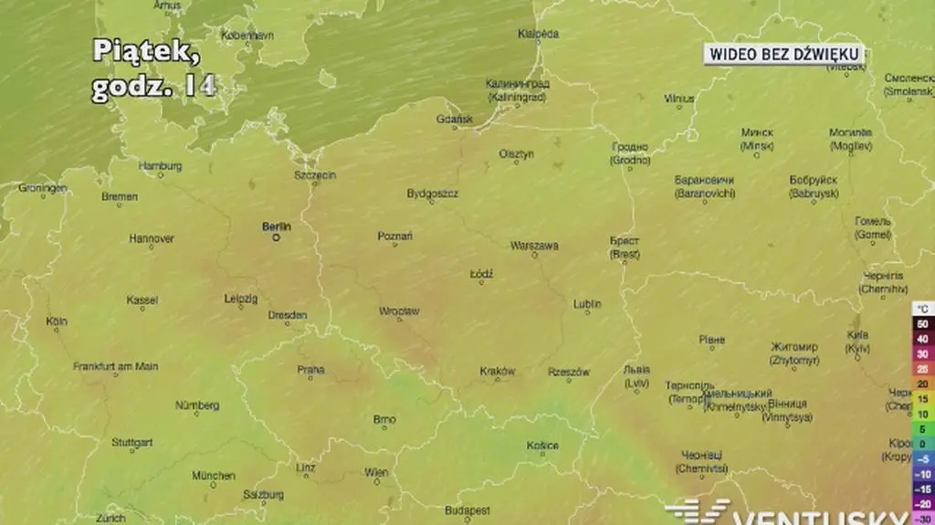 Prognozowana temperatura w kolejnych dniach (Ventusky.com)