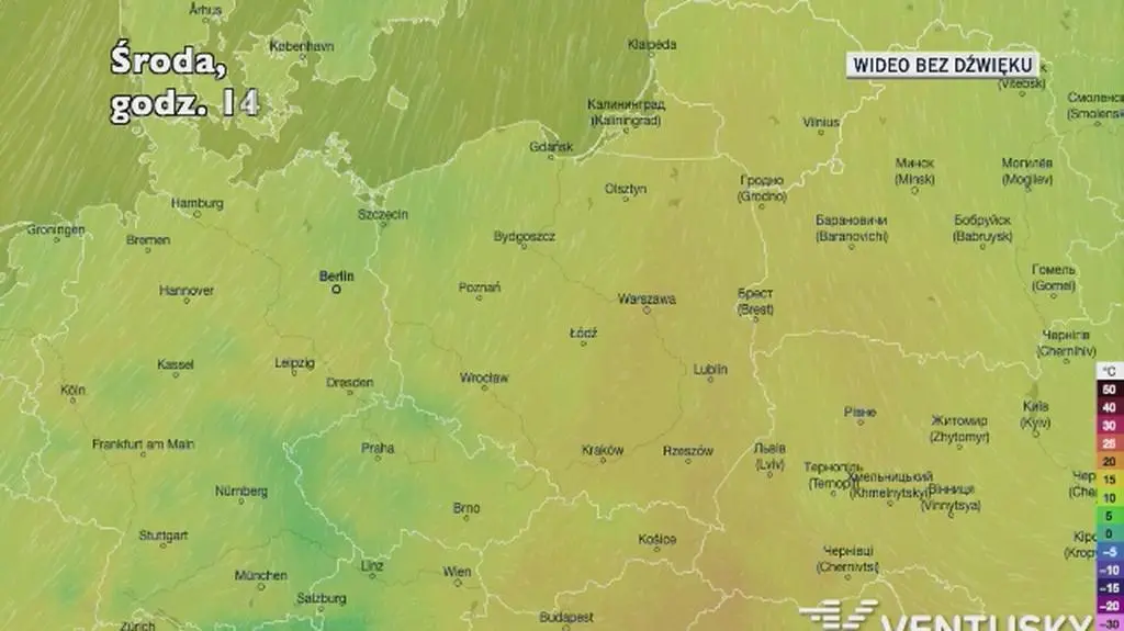 Prognozowana temperatura w kolejnych dniach (Ventusky