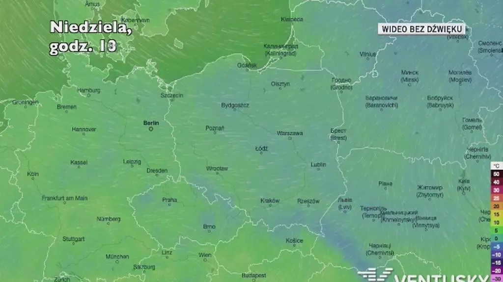 Prognozowana temperatura w kolejnych dniach (Ventusky.com)