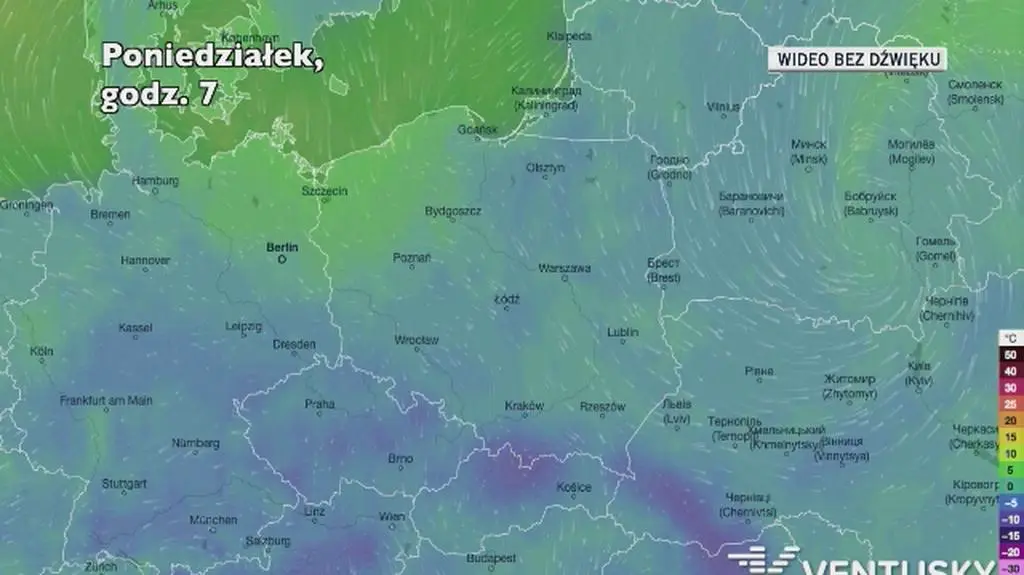 Prognozowana temperatura w kolejnych dniach (Ventusky