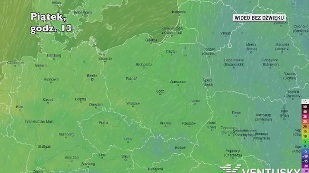Prognozowana temperatura w kolejnych dniach (Ventusky