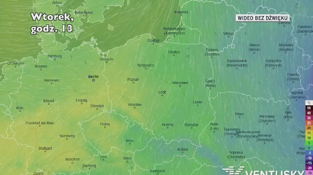 Prognozowana temperatura w kolejnych dniach (Ventusky