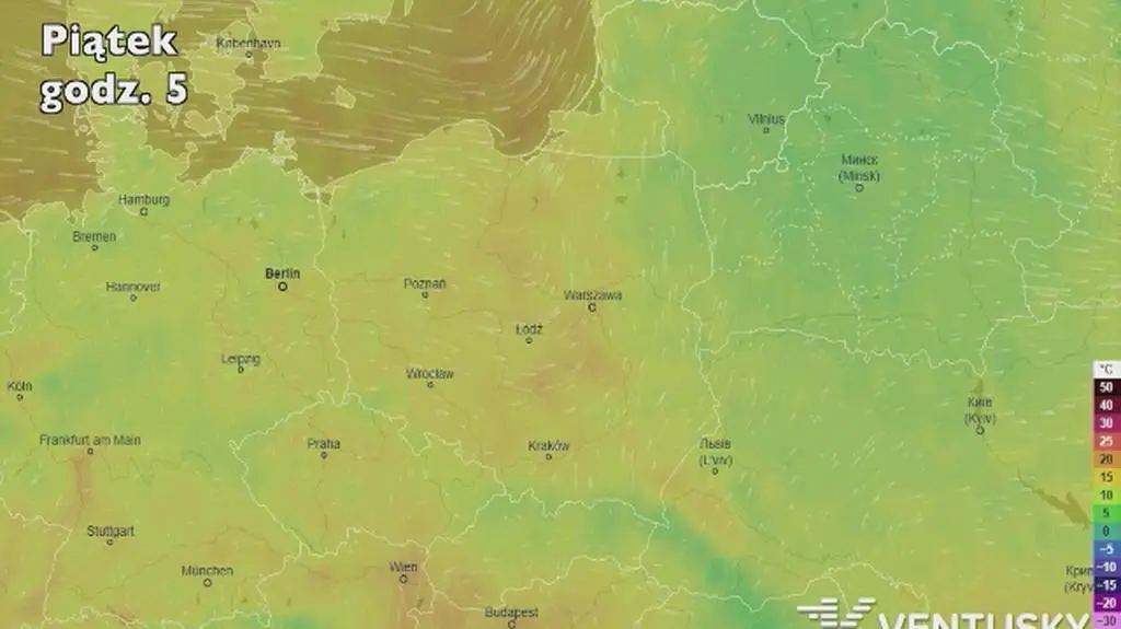 Prognozowana temperatura w najbliższych dniach (Ventusky