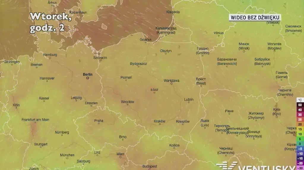Prognozowana temperatura w najbliższych dniach (Ventusky