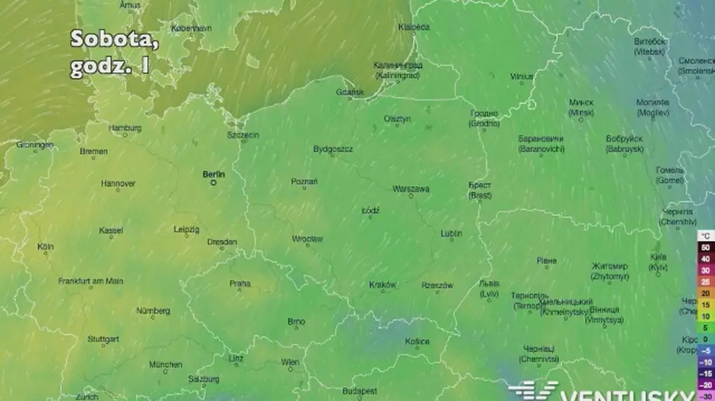 Prognozowana temperatura w najbliższych dniach (Ventusky
