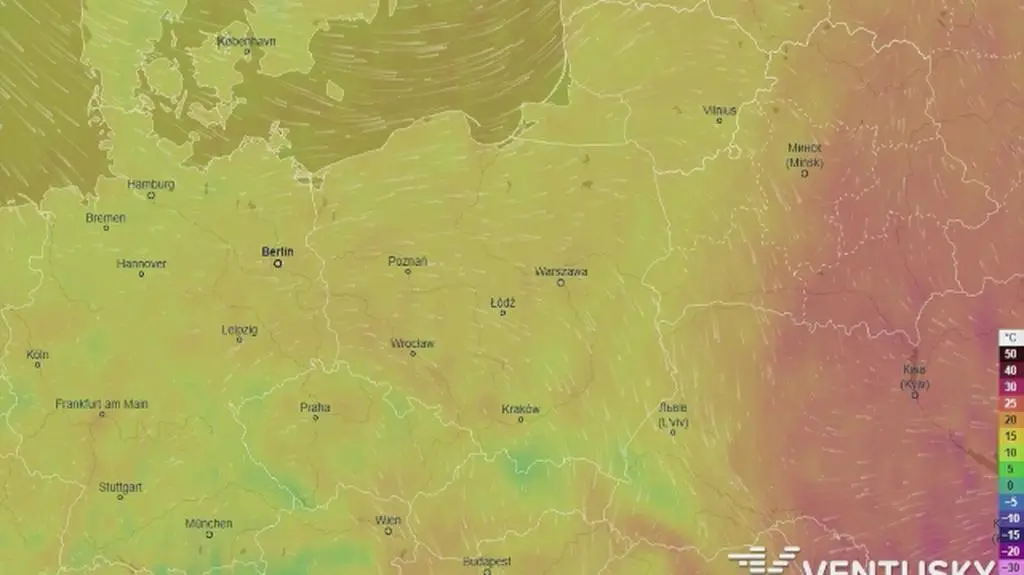 Prognozowana temperatura w najbliższych dniach (Ventusky
