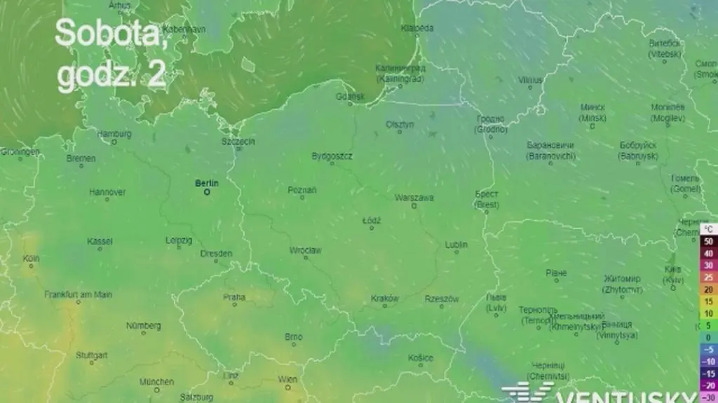 Prognozowana temperatura w najbliższych dniach (Ventusky