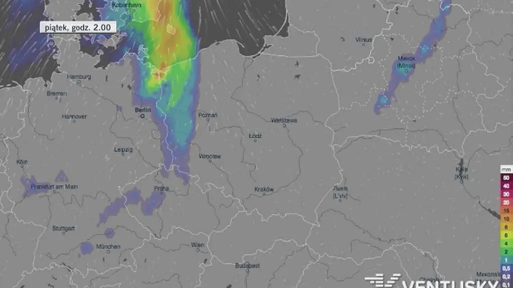 Prognozowana wędrówka frontu niosącego opady atmosferyczne w piątek i sobotę