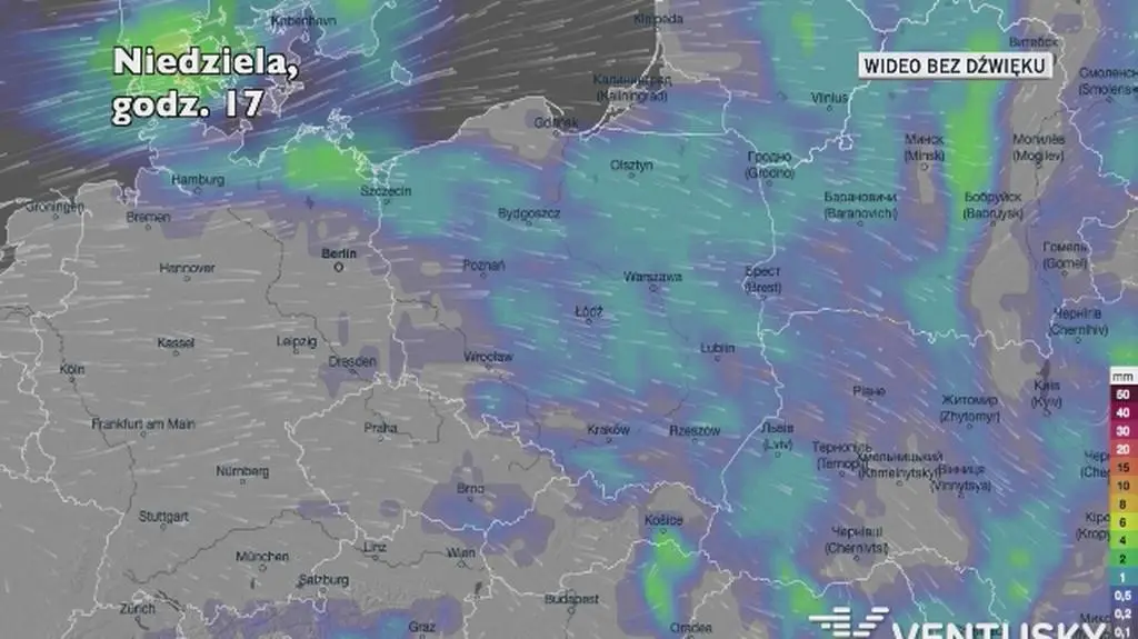 Prognozowane opady deszczu na kolejne dni (Ventusky.com)