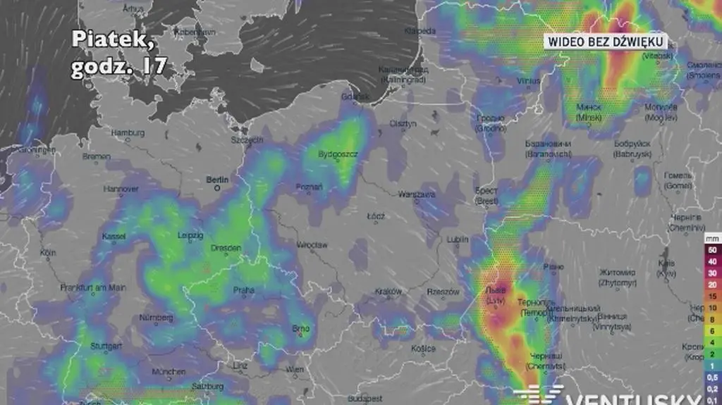Prognozowane opady deszczu w ciągu kolejnych dni (Ventusky)