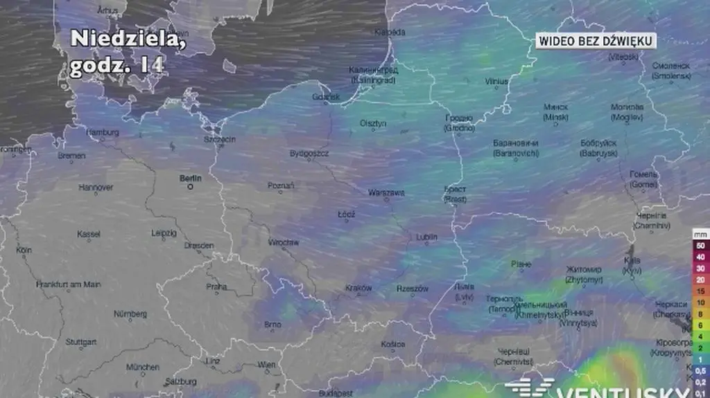 Prognozowane opady na kolejne dni (Ventusky.com)