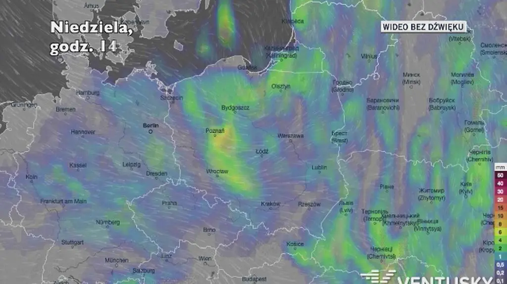 Prognozowane opady na kolejne dni (Ventusky.com)