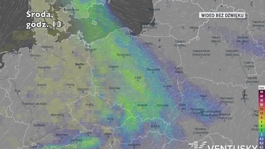 Prognozowane opady w ciągu kolejnych dni (Ventusky)