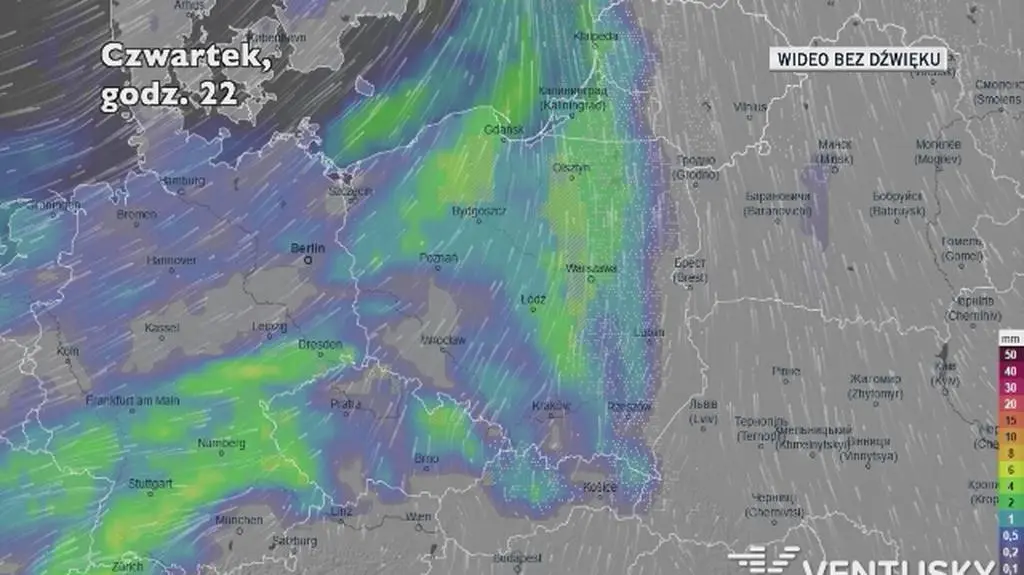 Prognozowane opady w ciągu kolejnych dni (Ventusky)