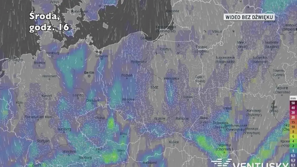 Prognozowane opady w ciągu kolejnych dni (Ventusky)