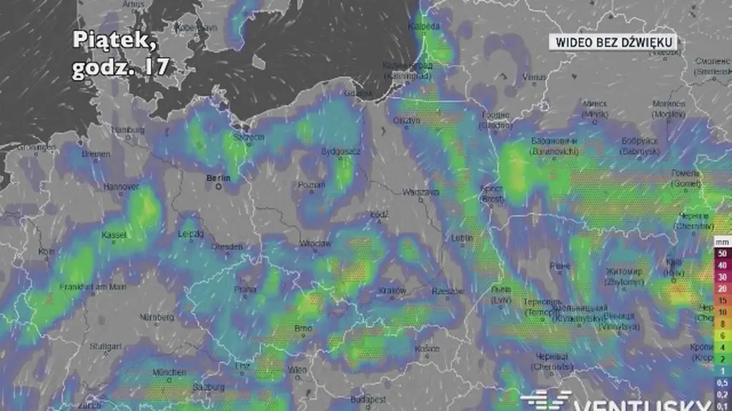 Prognozowane opady w ciągu kolejnych dni (Ventusky)