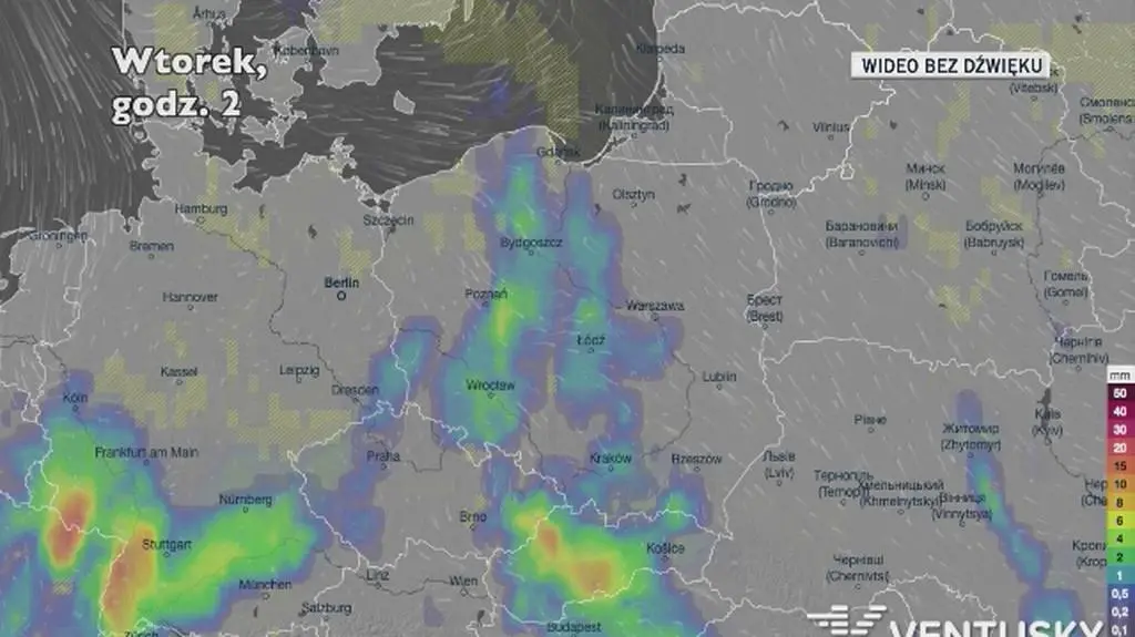 Prognozowane opady w ciągu kolejnych dni (Ventusky)