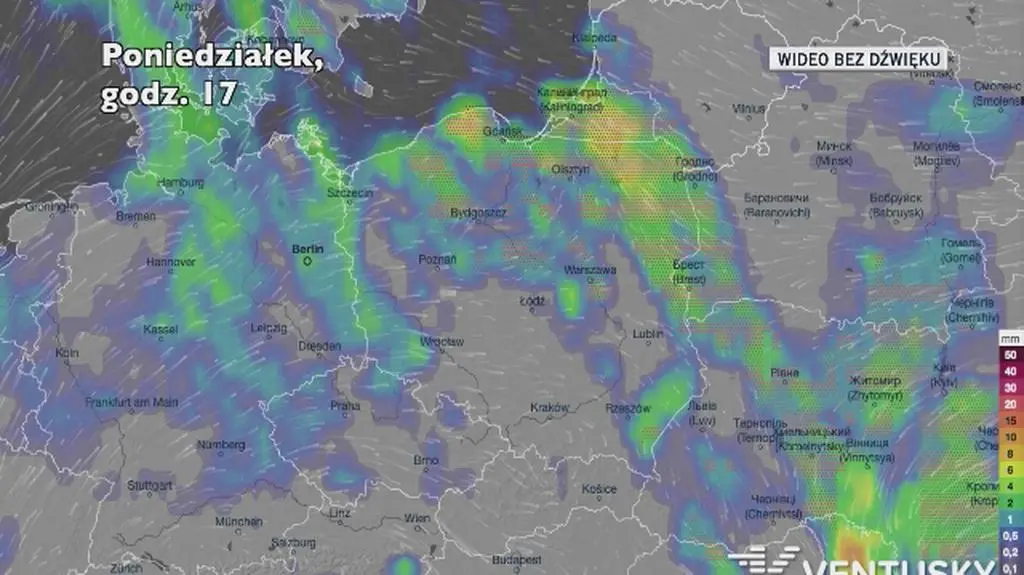 Prognozowane opady w ciągu kolejnych dni (Ventusky)