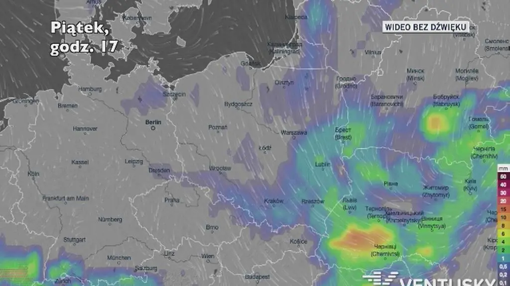 Prognozowane opady w ciągu kolejnych dni (Ventusky.com)