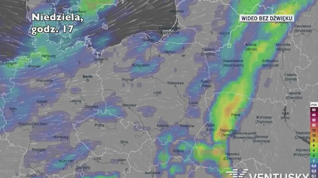 Prognozowane opady w ciągu kolejnych dni (Ventusky