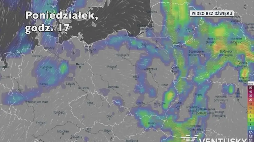 Prognozowane opady w ciągu kolejnych dni (Ventusky.com)