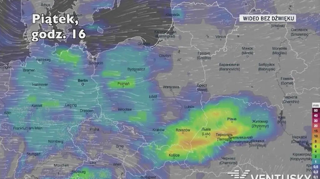 Prognozowane opady w ciągu kolejnych dni (Ventusky.com)