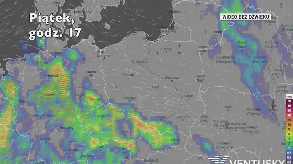 Prognozowane opady w ciągu kolejnych dni (Ventusky