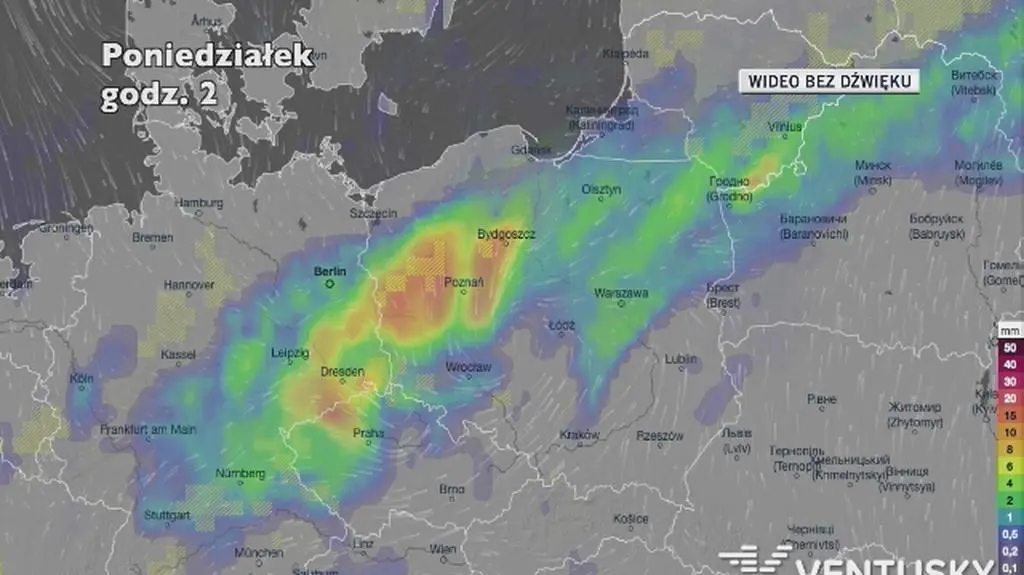 Prognozowane opady w ciągu kolejnych dni (Ventusky