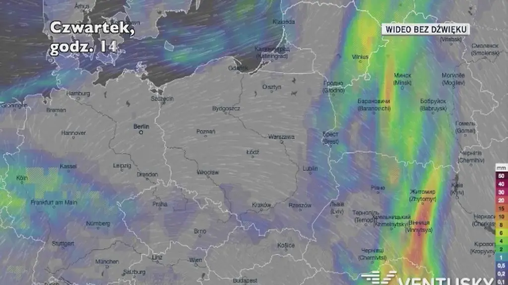 Prognozowane opady w ciągu kolejnych dni (Ventusky.com)