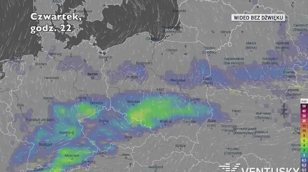 Prognozowane opady w ciągu kolejnych dni (Ventusky)