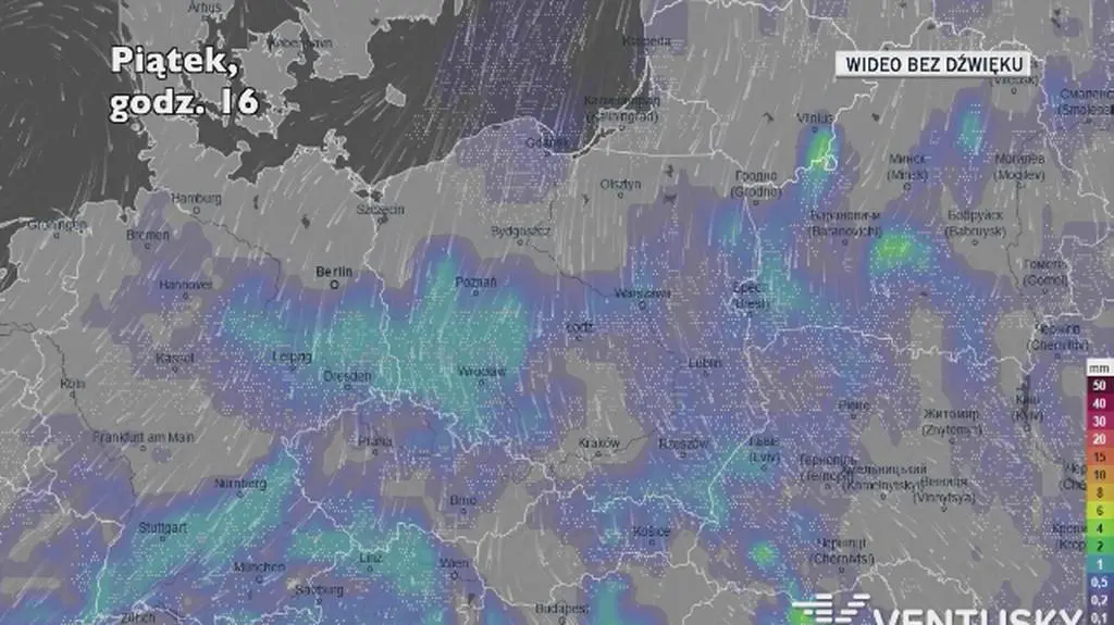 Prognozowane opady w ciągu kolejnych dni (Ventusky)