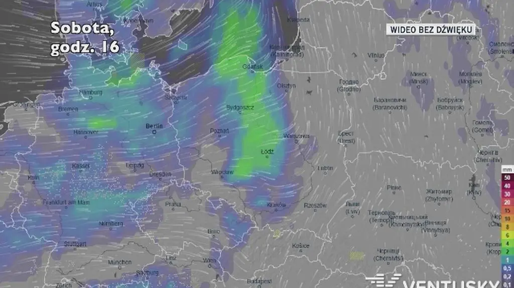 Prognozowane opady w ciągu kolejnych dni (Ventusky)