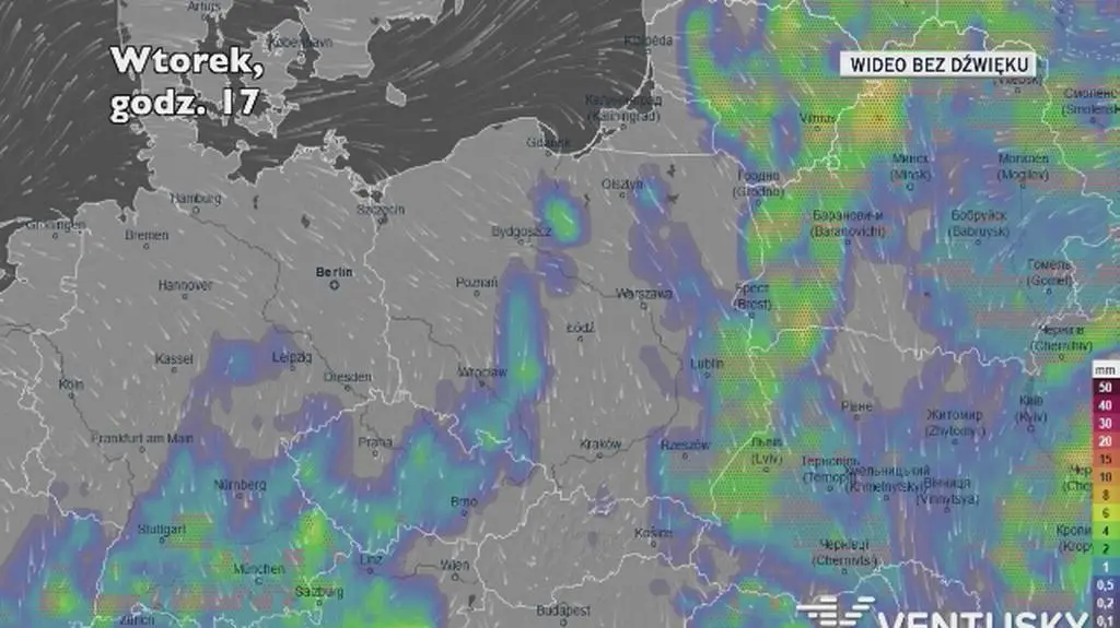 Prognozowane opady w ciągu kolejnych dni (Ventusky)