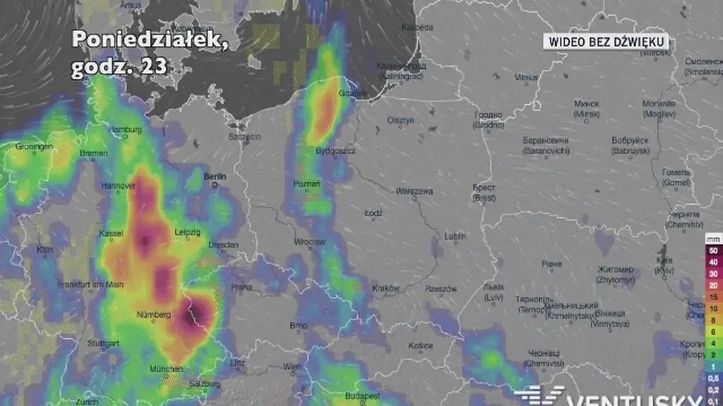 Prognozowane opady w ciągu kolejnych dni (Ventusky)