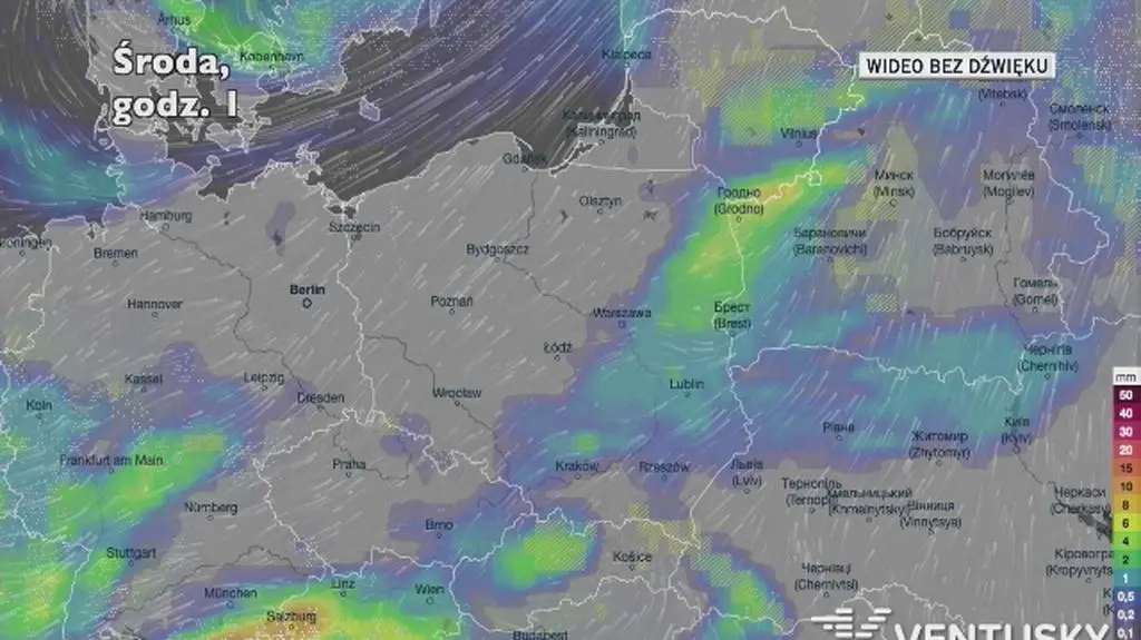 Prognozowane opady w ciągu najbliższych dni (Ventusky.com)